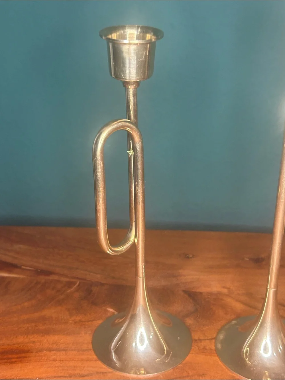 Set of 2 Metallic Brass Trumpet Candle Holders